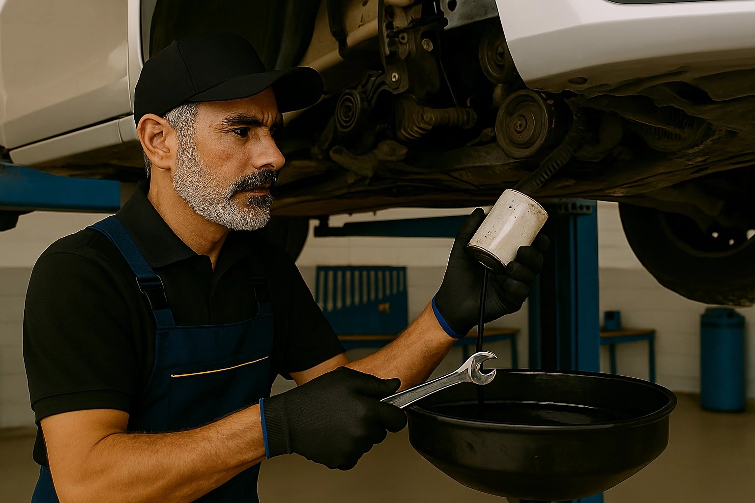 Mecânico realizando a troca de óleo de um carro na Oficina Betel Car
