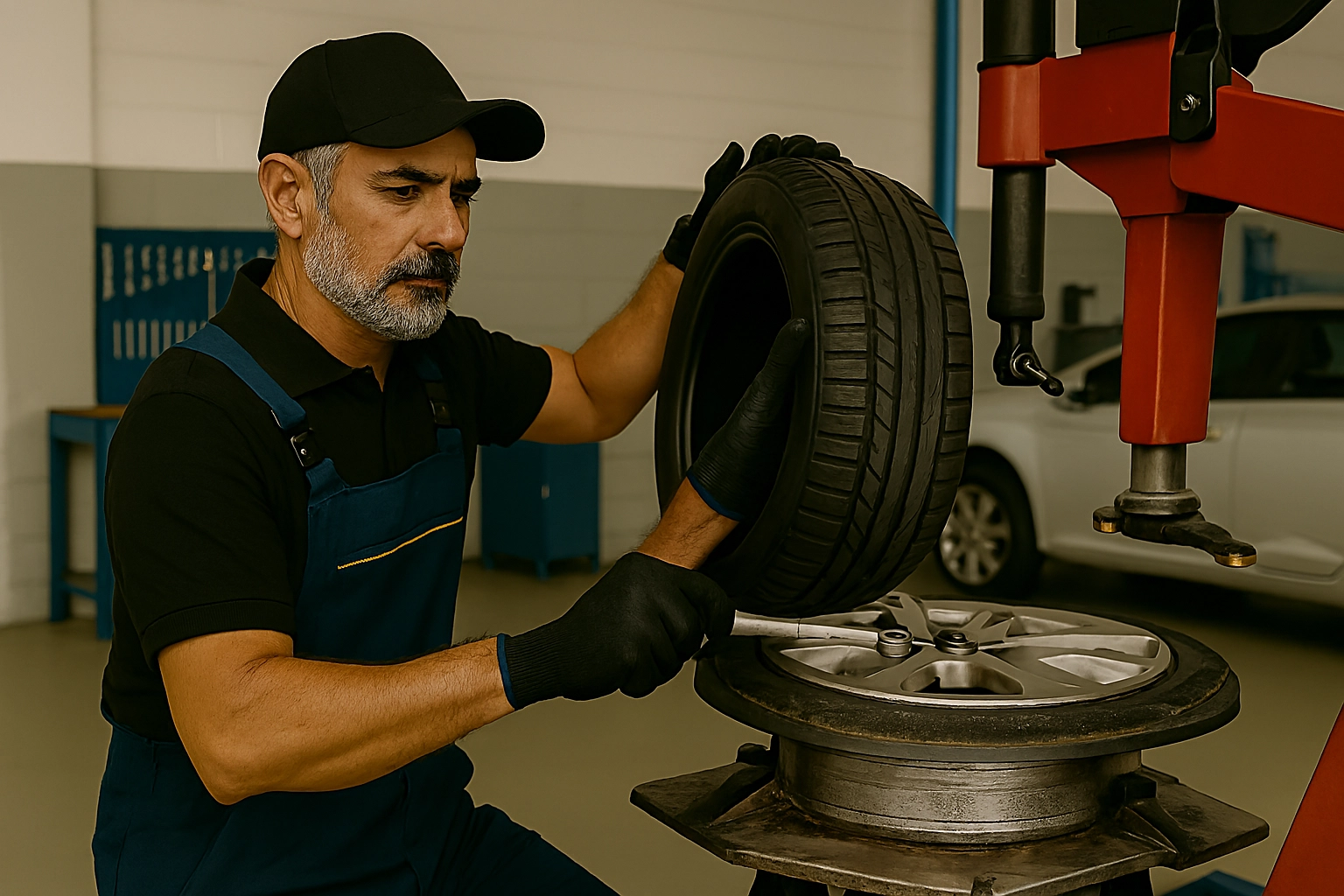 Máquina de balanceamento de rodas em operação na Oficina Betel Car